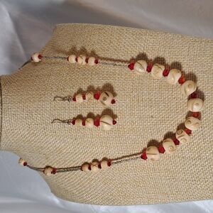 Hand Crafted Carved Bone Red Swarovski Crystal Necklace Earring Coord set